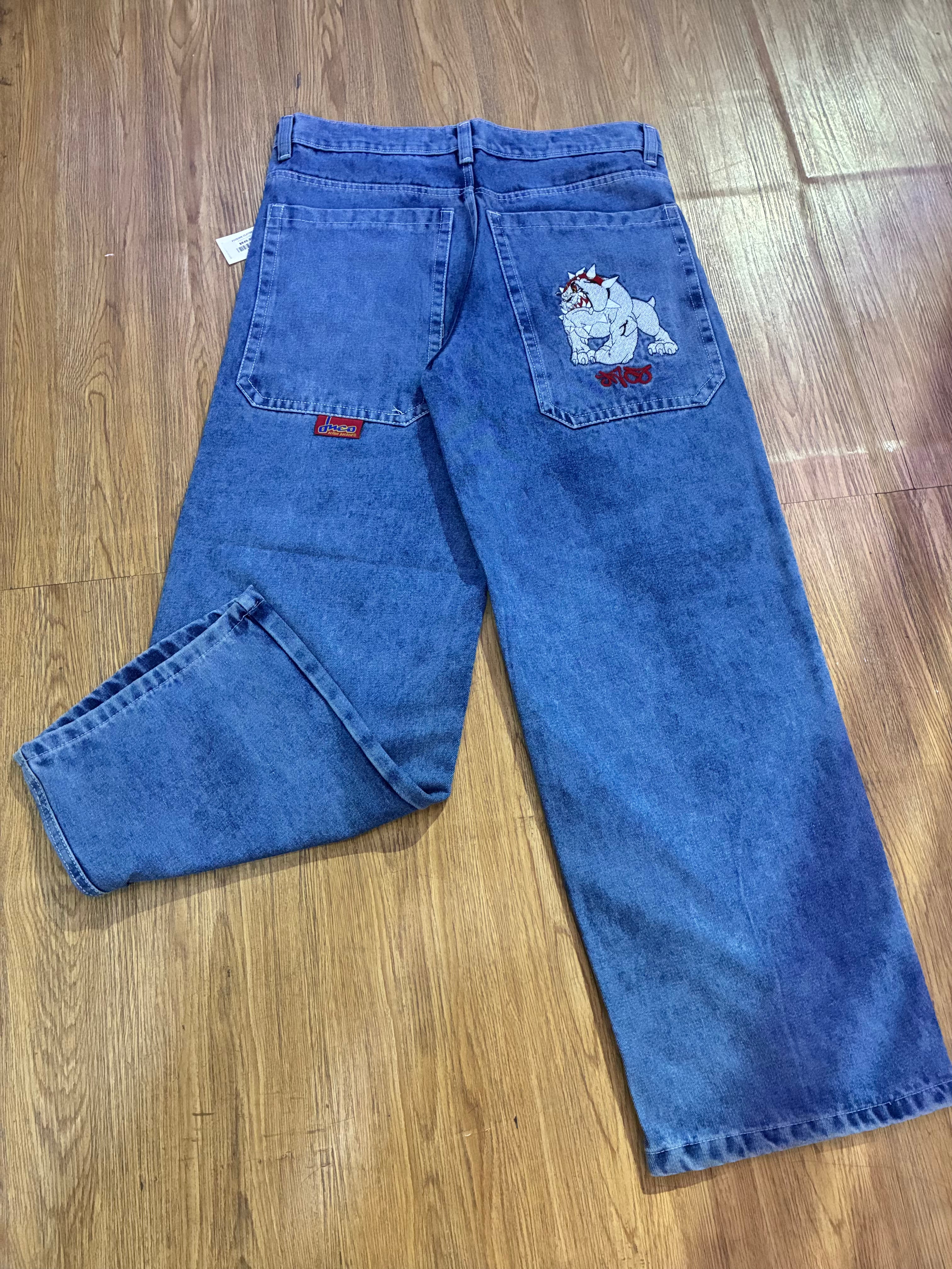 Pantalones JNCO bordado bulldog, corte baggy