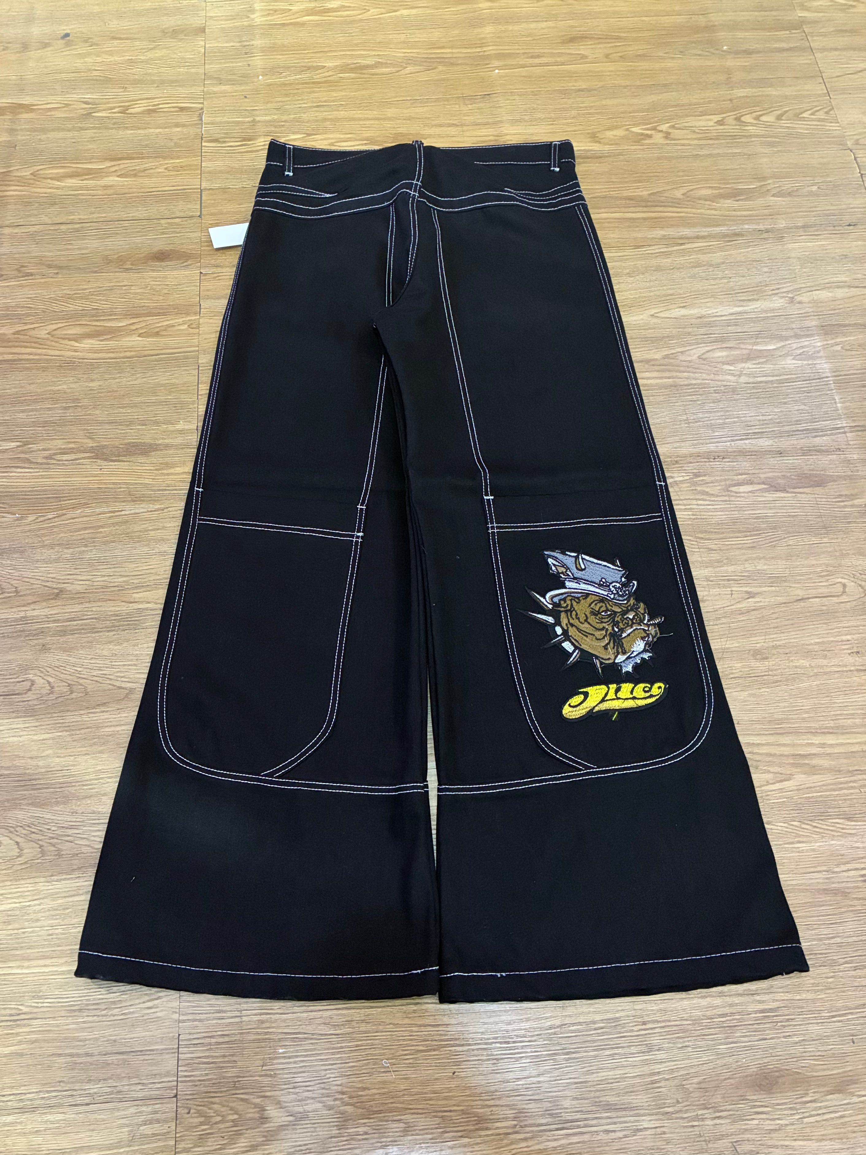 Pantalones cargo negros JNCO bordado bulldog, corte baggy